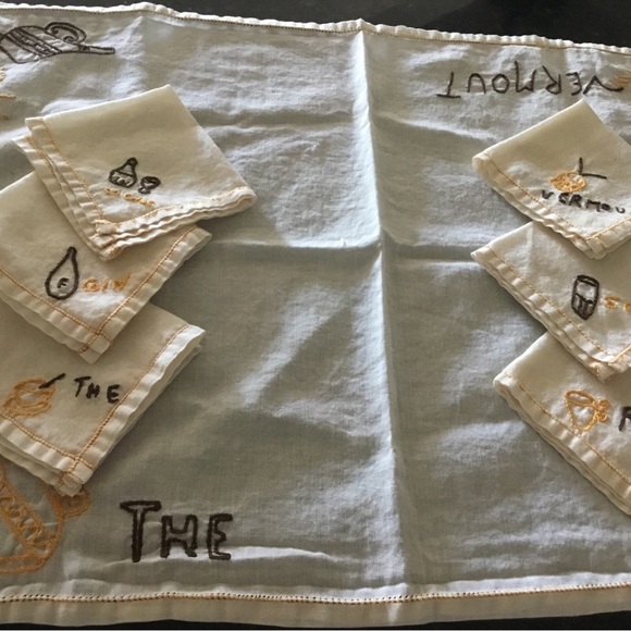 Cocktail Napkins and Tablecloth Set. Hand Embroidered. Vintage